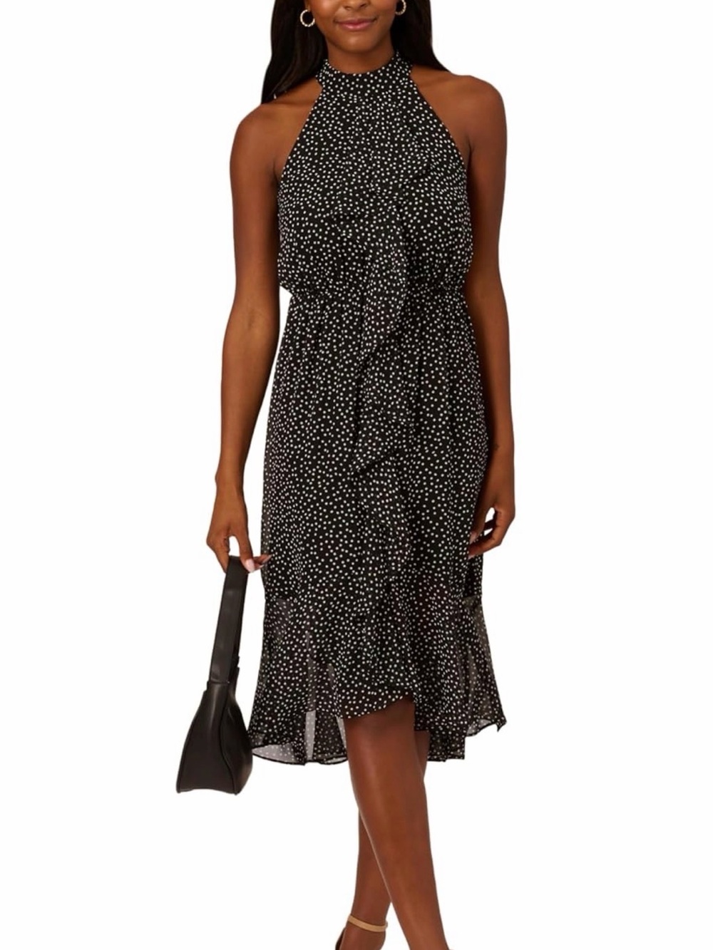 Adrianna Papell Shirred Polka Dot Chiffon Midi Dress NWT